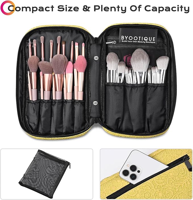 BYOOTIQUE Makeup Brush Bag Organizer Portable Multi Brush Holder Hand Bag | Travel Makeup Artist Bag,Cosmetic Organizer Pouch Zipper Bag,with Removable Mesh,for Brushes Cosmetics,Yellow - Image 3