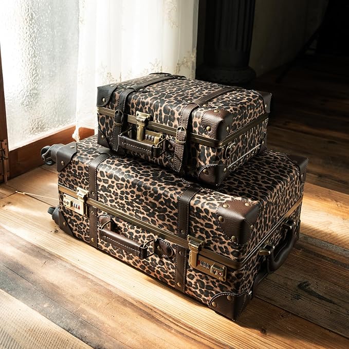 urecity Vintage Suitcase Set for Women, Vintage Luggage Sets for Women 2 Piece, Cute Designer Trunk Luggage, Retro Suit Case, Luggage Zipperless TSA Approved (Leopard, 26"+12") - Image 2