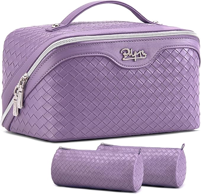 BOYATU Travel Makeup Bag Cosmetic Bags for Women: Large Capacity 3 Pcs Set Make up Bag with Compartments - Waterproof Vegan Leather Toiletry Organizer Bags with Handle (L01 Purple) by BOYATU