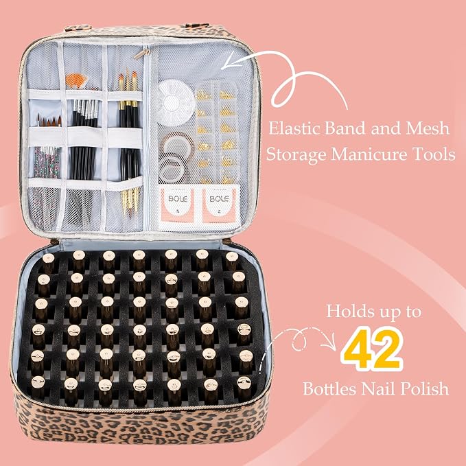Uross Nail Polish Organizer Bag Holds 42 Bottles Nail Polish & Nail Lamp, Gel Nail Polish Organizers and Storage box for Nail Tech, Nail Kit Supplies Organizer Case - Leopard - Image 2