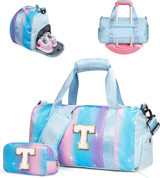 Gifts for Girls-Girl Gym Bag with Shoe Compartment, Kid Personalized Weekender Overnight Bags, Initial Travel Tote with Makeup Pouch, Gift for 3 4 5 6 7 Year Old Kids (Letter T) by Vogewood