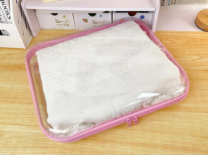 6PCS Clear Hard Shell Zipper Case 13.8 * 11.8 * 2 IN (Pink) | Transparent shell for easy item access. Works as cosmetic bag, toy pouch, diaper organizer and pencil case. - Image 5