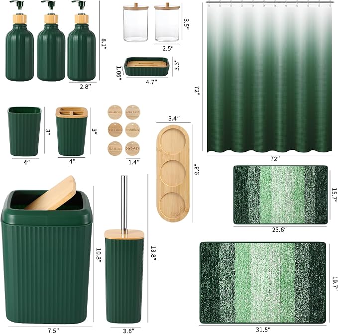 32PCS Dark Green Bathroom Accessories Set with Shower Curtain,Rugs,Trash Can,3PCS Lotion Soap Dispenser, Toothbrush Holder, Soap Dish,Tumbler Cup,6PCS Wood Tags Bath Accessories with Tray for Bathroom - Image 8