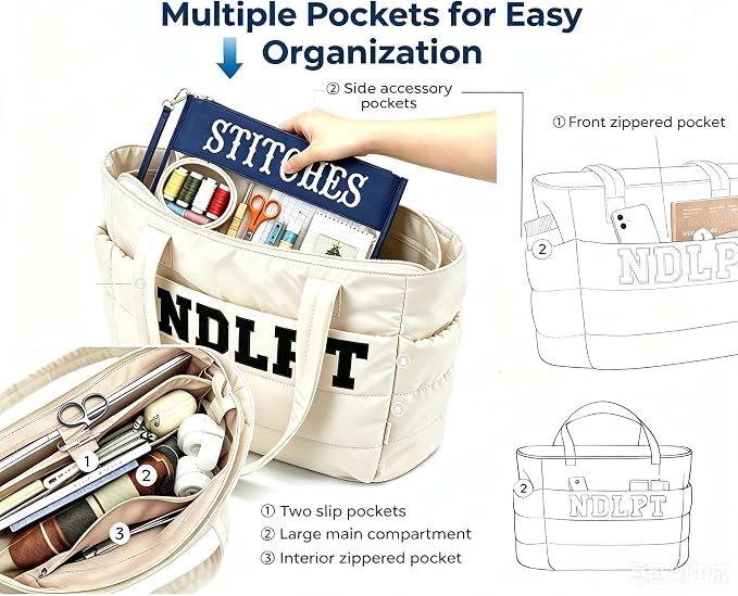 Needlepoint Tote Bag & Clear Zipper Pouch—Puffy Craft Organizer-Beige/Navy | Lightweight Puffy Project Bag for Embroidery Sewing Craft Storage Organizer/ 20L/Padded compartment– Gifts for Stitchers - Image 5