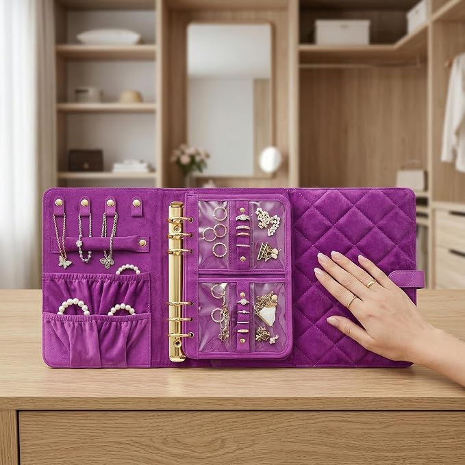 Velvet Jewelry Organizer Case Mini Travel Jewelry Bag with 3 Detachable Pages Multiple Compartments for Necklaces, Rings, Earrings, Tangle-Free, Giftable (Purple) - Image 2