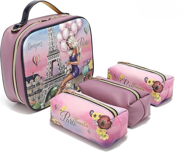 Nicole Lee Travel Handbag Crossbody Set with 3 Fashion Print Makeup Pouches, Women's Cosmetic Toiletry Organizer (Romance in Paris) by NicoleLee