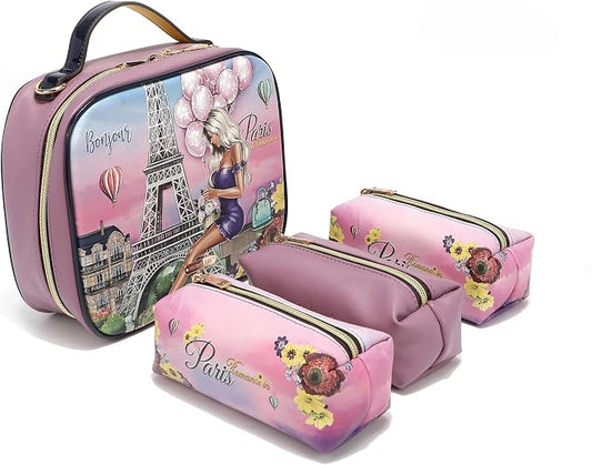 Nicole Lee Travel Handbag Crossbody Set with 3 Fashion Print Makeup Pouches, Women's Cosmetic Toiletry Organizer (Romance in Paris) by NicoleLee