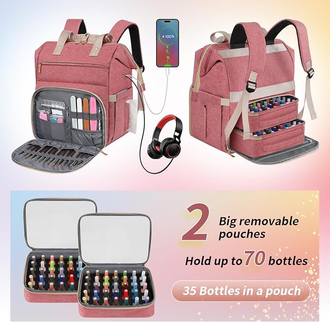 LTINVECK Nail Polish Organizer Case Backpack Holds 70 Bottles (15ml/0.5fl.oz)& Nail Lamp, 2 Layers Detachable Nail Kit Storage Case, Large Travel Nail Supplies Shoulder Bag for Manicure Tools (Pink) - Image 2
