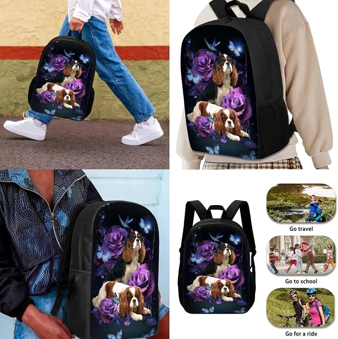 Cavalier King Charles Spaniel Dog Backpack with Lunch Box Kids Girls 6-8 Kids Elementary School Bookbag Lunch Bag Pencil Case Water Bottle Holder Butterfly Rose Back Pack Toodler Back Pack - Image 3