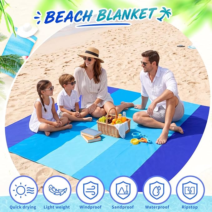 Weysat 10 Sets Beach Blankets Bulk Sandproof 79 x 108'' Large Waterproof Picnic Blanket for 1-6 Adults Oversized Sand Free Beach Mat with Stake Climbing Hook Storage Bag for Travel Camping(Joint Blue) - Image 3
