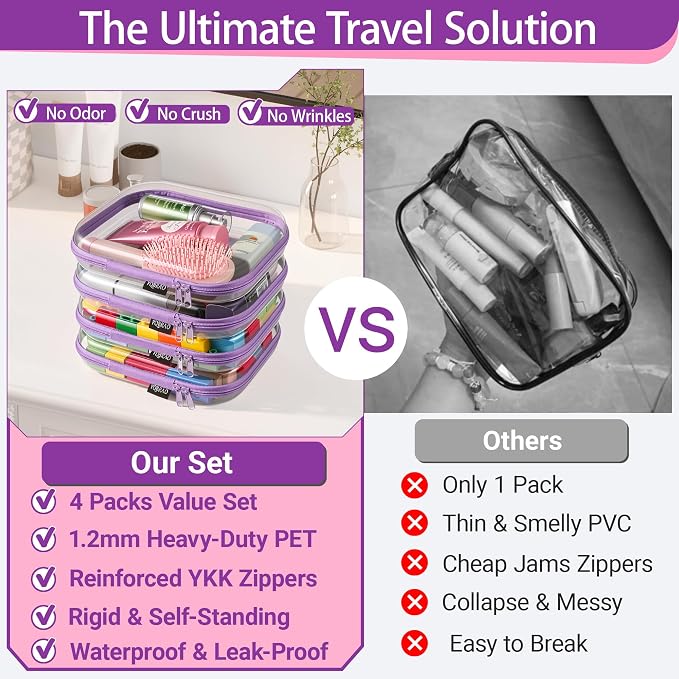 YQBRAO 4-Pack Clear Diaper Bag Organizer Pouches, 1.2mm Ultra-Thick PET Travel Pouches for Toiletries & Makeup, Rigid Self-Standing Bags with YKK Zippers, TSA Approved (Purple) - Image 2