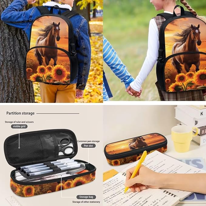 POLERO Sunflower Horse Backpack for Girls School Bookbag Set with Lunch Box Pencil Case Water Bottle Cover Bag Casual Daypack - Image 5
