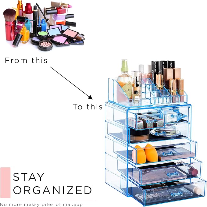 Sorbus Acrylic Makeup Organizer Set, 6-Drawer Vanity & Countertop Cosmetic Storage with Small & Wide Compartments, Blue Brilliance Makeup Storage for Brushes, Jewelry – Holiday Gift for Women & Teens - Image 7