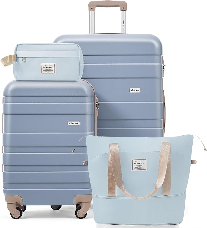 4-Piece Luggage Set, Suitcase with TSA Lock Travel Duffel Bag Wet-Dry Toiletry Bag, Blue by Merax