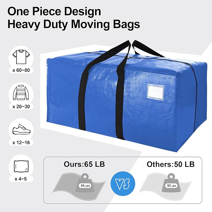 VELVETSURE 12 Pack Heavy Duty Extra Large Moving Bags W/Backpack Straps - Strong Handles & Zippers, Storage Totes For Space Saving, Fold Flat, Alternative to Moving Box and Storage Bin, Multicolor - Image 5