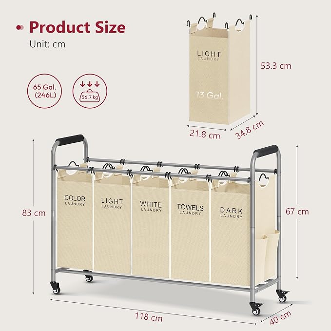 Tajsoon Laundry Sorter 5 Section, Clothes Hamper with Wheels, Beige | 246L Rolling Laundry Sorter Basket for Dirty Clothes Storage, Laundry Separator Hamper for Bathroom, Laundry Room, Family - Image 7
