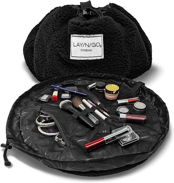 Lay-n-Go Cosmo Drawstring Cosmetic & Makeup Bag Organizer - Portable Drawstring Makeup Bag w/Zipper Pocket, Makeup Loops & More - Durable, Machine Washable Toiletry Bag (20", Comfort/Black Sherpa) by Lay-n-Go