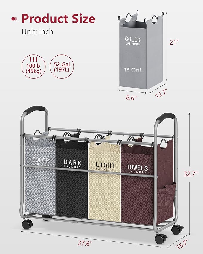 Tajsoon Laundry Sorter 4 Sections, Laundry Separator Hamper with Heavy Duty Lockable Rolling Wheels, Laundry Divider with Removable Bags for Dirty Clothes Storage, 4 Colors - Image 7