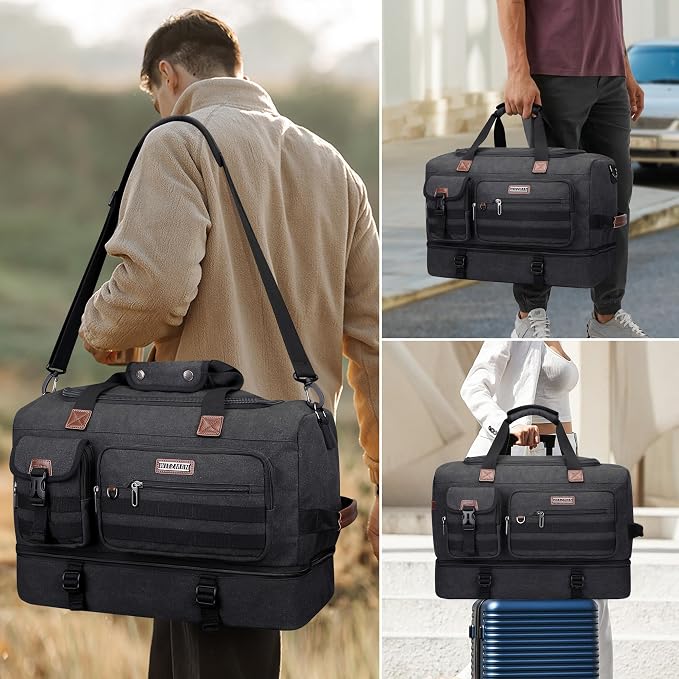 WITZMAN Duffle Bag for Men 50L Travel Canvas Weekender with Toiletry Bag | With Shoe Compartment and Dry-wet Pocket, Convertible, Carry On, One Duffel for Gym, Sports, Overnight, A8010/2 Black - Image 2