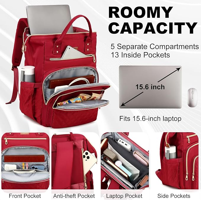 AIJIEKE Lunch Backpack for Women, 15.6 Laptop Backpack, Lunch Box, Red | Water resistant computer bag with insulated leakproof cooler. Travel meal prep backpack for nurse, teacher, college commute - Image 2