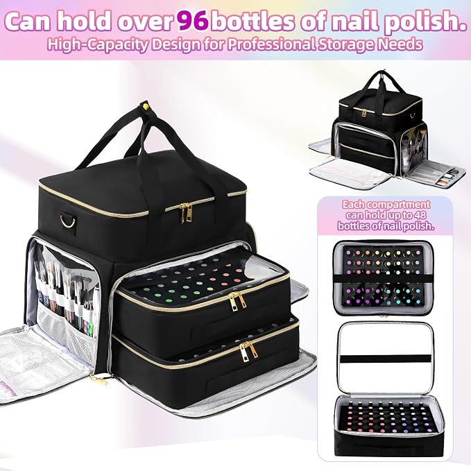 DERSTUEWE Nail Polish Organizer Case – Waterproof Travel Bag with Hard Bottom – Double Layer Nail Storage Bag with Adjustable Dividers & Nail Lamp Compartment (Black) - Image 2