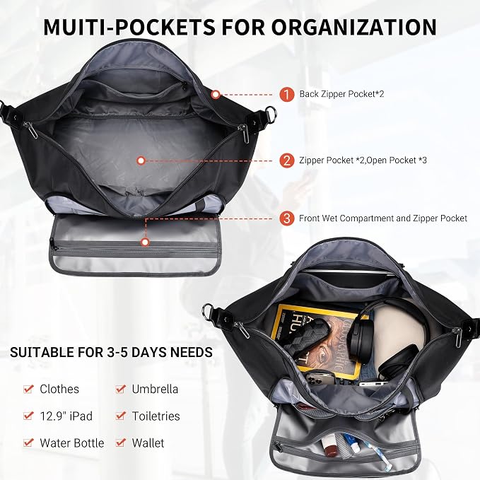 WITZMAN Nylon Duffle Bag for Men 55L with Toiletry Bag Sets Overnight Bag | Multi-pockets with Shoe Compartment and Dry-wet Pocket, Carry On, Convertible for Gym, Overnight, Sports, B696 Black - Image 3