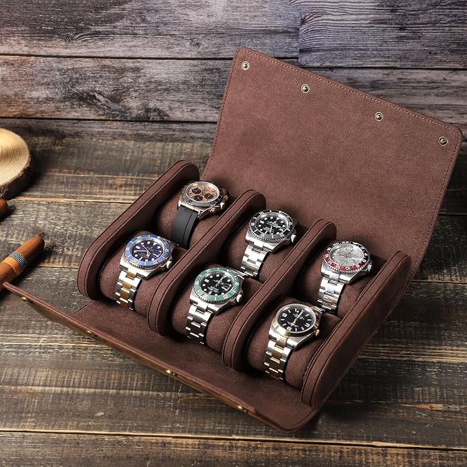 Genuine Leather Watch Roll Travel Case,Vintage Full Grain Leather Watch Box with Pillow for Men,Watch Storage Organizer for Home Storage,Travel Watch Organizer Box (6 Slots) - Image 6