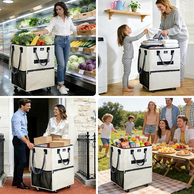 Large Reusable Grocery Bag On 5 Wheels, 130L Foldable Rolling Tote Bag, Collapsible Portable Shopping Cart, Multiple Pockets, Zippered Top, Heavy Duty Handle for Groceries Travel Camping, Beige - Image 7
