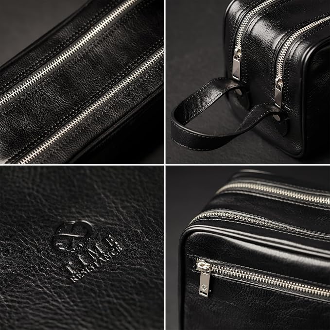 Time Resistance Leather Cosmetic Bag - Italian Toiletry Dopp Kit (Black) - Image 5