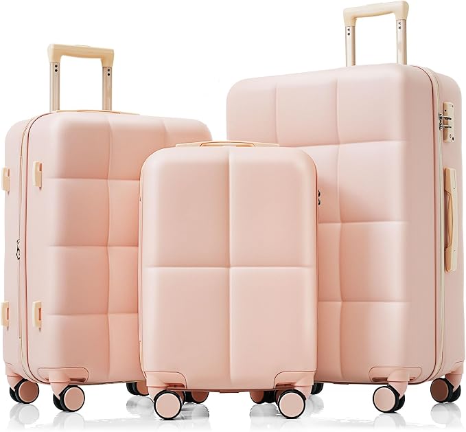 Hardside Luggage Sets, Lightweight Stripes Suitcase with Spinner Wheels, Pink Pink by Merax