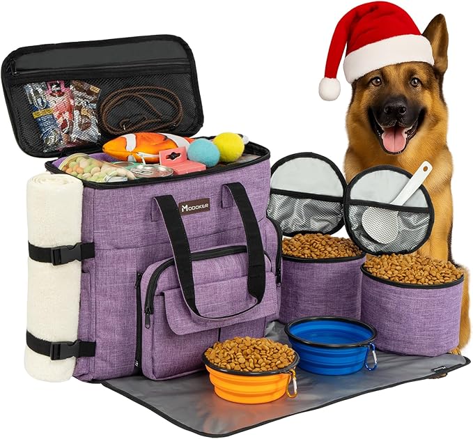 Modoker Dog Travel Organizer Carriers for Supplies & Accessories, Airline Approved Cat Pet Travel Bag, 2 Collapsible Bowls, 2 Travel Dog Food Container, Purple | Dog travel accessories set with feeding supplies, bowls, mat, and strap. Ideal for weekend... by Modoker