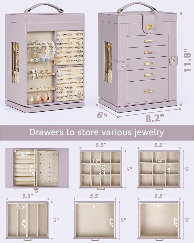 AKOZLIN 6-Tier Jewelry Box Organizer Functional 5 Drawers Leather Jewelry Storage Case for Women Girls Ring Necklace Earring Bracelet Holder Organizer with Mirror Purple 360° Rotating - Image 3