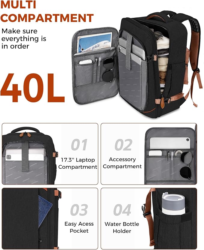 Vancropak 40L Carry on Backpack, Flight Approved Expandable Bag for Travel | Shoe Compartment, Fits 17" Laptop Bag, 3 Packing Cubes, 18x14x8 Inches Travel Backpack, Water Resistant, Anti Theft Suitcase - Image 2