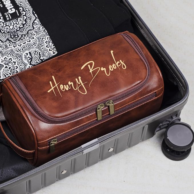 Personalized Leather Toiletry Bag, Brown, Three Layer Structure, Waterproof, Customizable Name Engraving, Travel Organizer for Men, Multi-Occasion Gift (UK1001) - Image 5