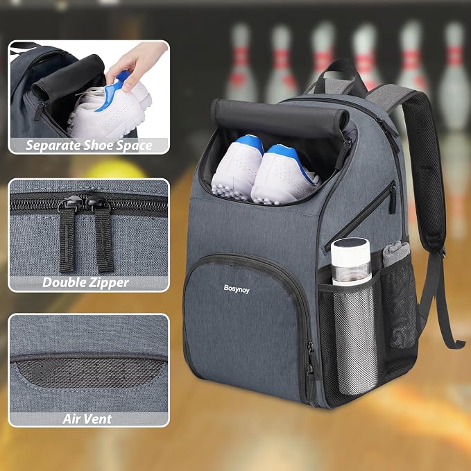 Bosynoy Bowling Backpack, Single Bowling Ball Bag with Shoe Compartment | Bowling Bag Totes with Foam Padded Protection, Fits Shoes Up to US Mens Size 16 and Accessories, Grey - Image 5