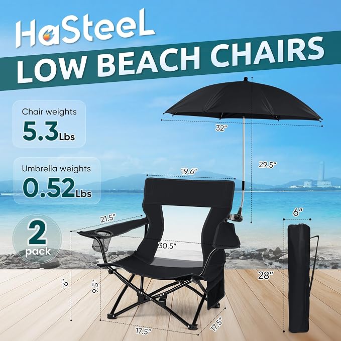 HaSteeL Low Beach Chair Set of 2, Foldable Black Camping Chair with Adjustable Umbrella Set for Adults, Lightweight Portable Lawn Chairs for Fishing, Picnic, Outdoor BBQ, Travel, Sports - Image 2