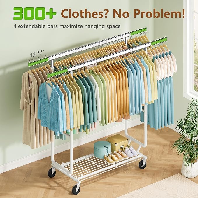 Hoctieon 2-Minute Assembly Double Rod Clothes Rack, Heavy Duty Rolling Clothing Racks with Wheels, Foldable Commercial Garment Rack, Extendable Hanging Bar, Adjustable Metal Pole with Hooks, White - Image 3