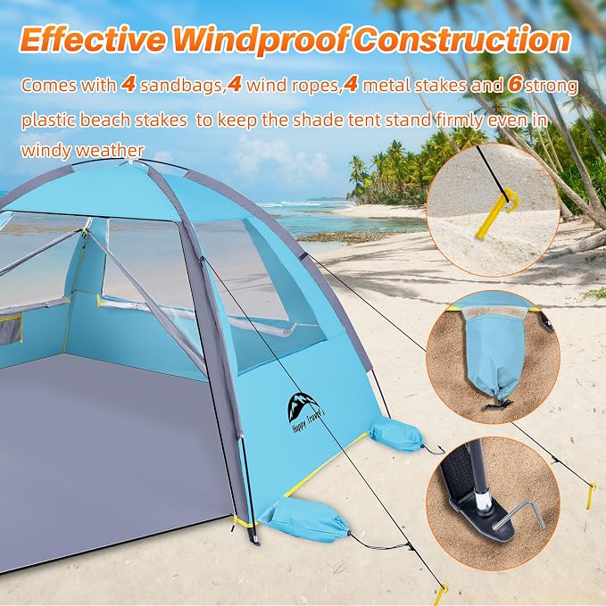 Happy Travel Beach Tent, UPF 50+ UV Protection Sun Shade Shelter for 3/4/5/6/7/8 Person, Portable Beach Canopy for Family & Baby, Lightweight & Easy Setup Beach Cabana with 3 Ventilation Mesh Windows - Image 5