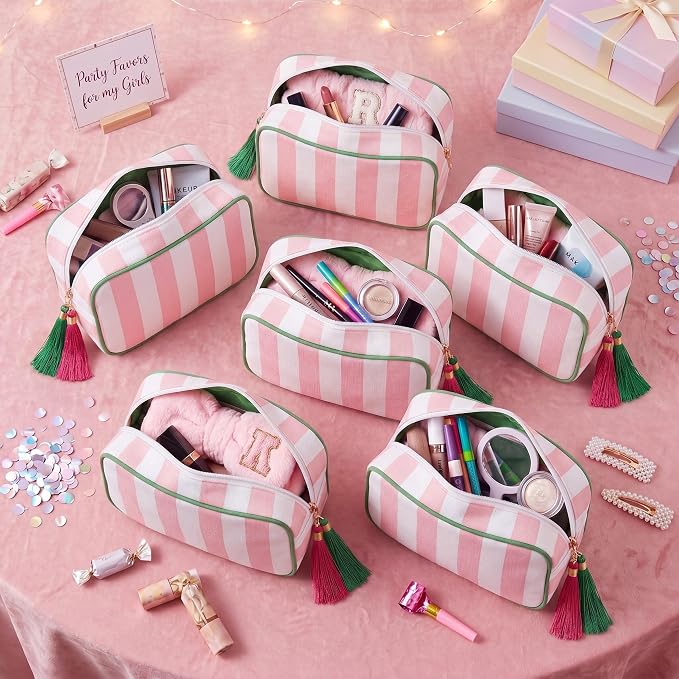 Kacctyen 6 Pack Light Pink and White Striped Makeup Bag bulk with Tassel Travel Cosmetic Pouch Organizer Large Zipper Toiletry Case for Women Aesthetic Storage Pouch Mahjong Tile Bag - Image 4