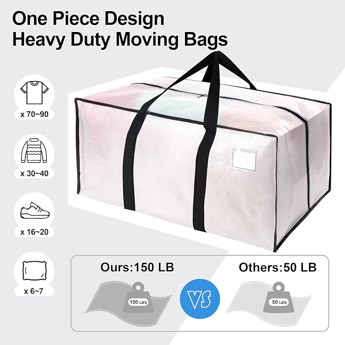 6 Pack Heavy Duty Extra Large Moving Bags W/Backpack Straps - Strong Handles & Zippers, Storage Totes For Space Saving, Fold Flat, Alternative to Box and Bin (40 gal, Semi-Transparent) - Image 5