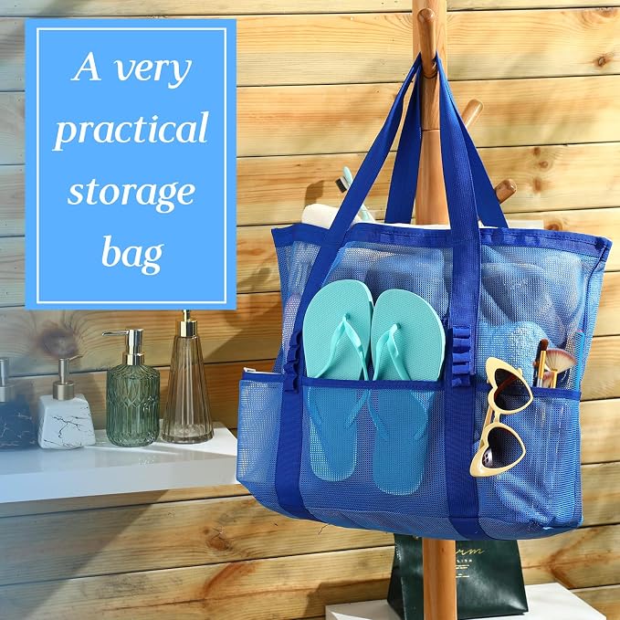Hillban Large Beach Mesh Bags Bulk for Women Beach Tote Bag with 8 Pocket Zipper Waterproof Sandproof for Pool Cruise Ship - Image 3