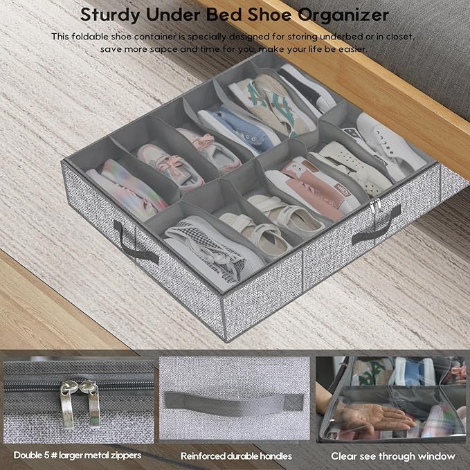 Onlyeasy Sturdy Under Bed Shoe Storage Organizers with Handles & Clear Window (16 to 32 Pairs) 2 Pack, Closet Shoes Containers Boxes for Kids & Adults, 37.7"x23.6"x5.9", Linen-like Grey, MXDUBS16P2 - Image 4
