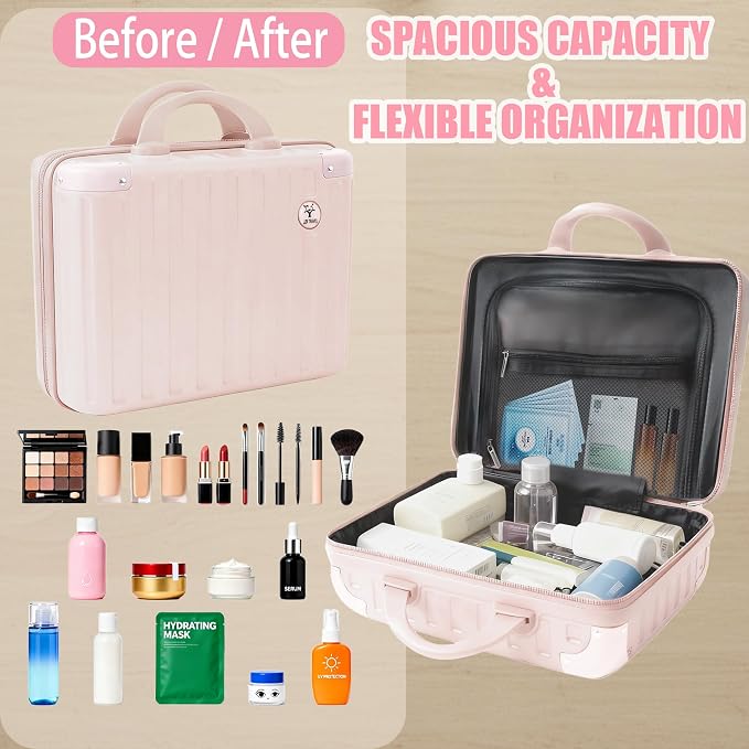 14 Inch Portable Waterproof Hard Shell Travel Makeup Case (Pink) | with Lock, ABS Scratch-Proof, Carrying Cosmetic Organizer Case with Elastic Band, Mini Suitcase Vanity Case for Women Girl - Image 5