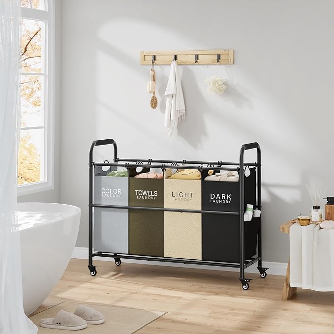 Tajsoon 4 Bag Laundry Sorter Cart, 4 Section Laundry Hamper Sorter with Heavy Duty Lockable Rolling Wheels, Laundry Separator Hamper with Removable Bags for Dirty Clothes Storage, 4 Colors - Image 8