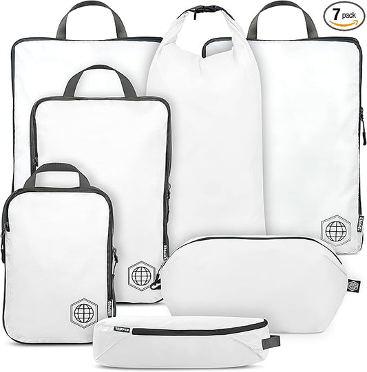 Large Compression Packing Cubes for Travel-Packing Cube Luggage Organizers 7 Piece Set for Checked Luggage-Ultralight, Expandable/Compression Bags by TRIPPED Travel Gear (White/Grey) by TRIPPEDTravelGear