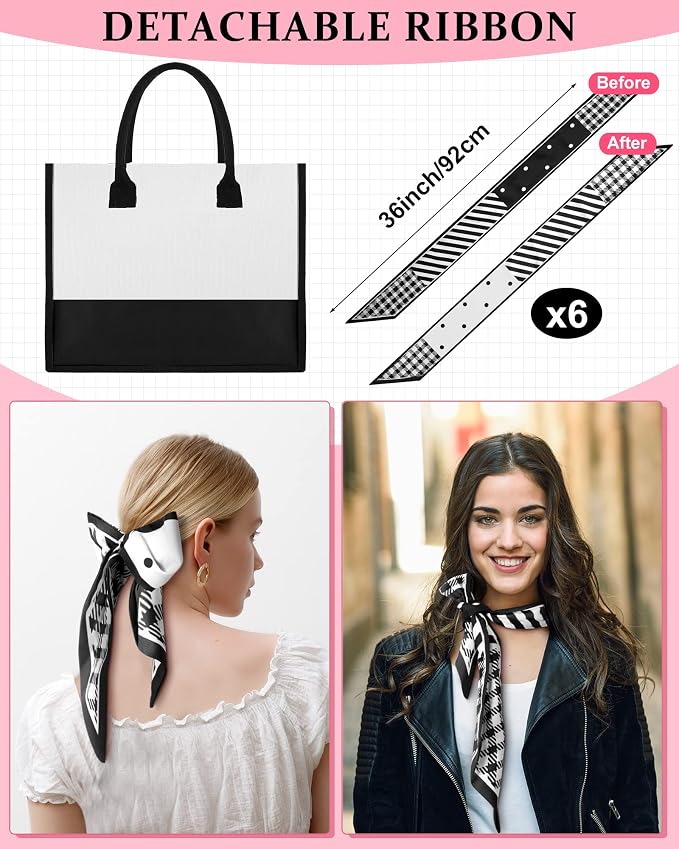 Reginary 6 Pcs Canvas Beach Tote Bags with Handles and Scarves Large Capacity Waterproof Tote Set for Women Black and White Reusable Gift Bags for Travel Shopping Wedding - Image 2