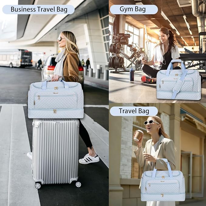 Wogarl 3PCS Weekender Bags for Women Large Overnight Bag Weekend Travel Duffel Bag Carry on Shoulder with Shoe Compartment Canvas Toiletry Bag for Travel Business Gym,Sky Blue - Image 5