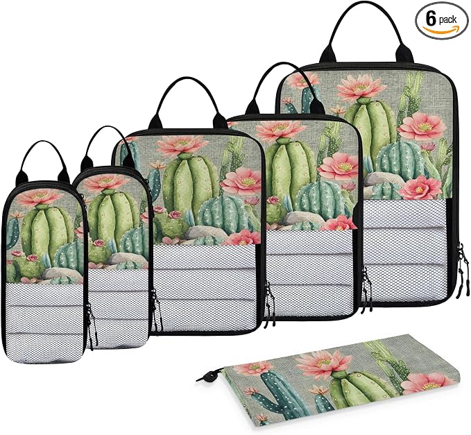 Tropical Cactus Succulent Compressible Packing Cubes for Suitcase 6 Set Lightweight Expandable Compression Packing Travel Luggage Organizer by BICUUZHI