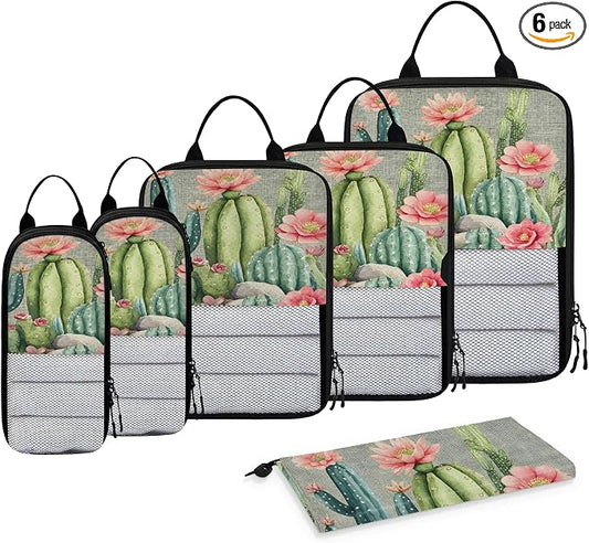Tropical Cactus Succulent Compressible Packing Cubes for Suitcase 6 Set Lightweight Expandable Compression Packing Travel Luggage Organizer by BICUUZHI