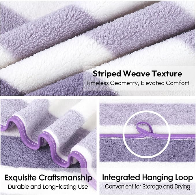 JML Microfiber Bath Towels, Bath Towel 2 Pack 30" x 60", Oversized, Soft, Super Absorbent and Fast Drying, Multipurpose Bathroom Towel Set for Sport, Fitness, Yoga, Coral Fleece Stripe Purple - Image 3